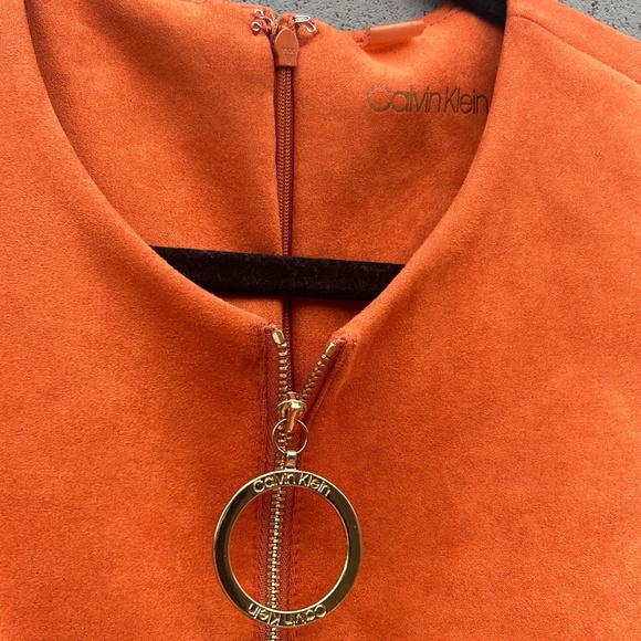 Calvin Klein Faux Suede Dress Burnt Orange Size 4 Gold Zip Circle Pull Accent - Picture 6 of 9